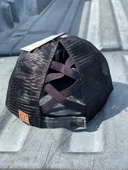 Auténtico camuflaje negro CC Beanie CrissCross High Ponytail Trucker Hat Camo Distressed Wash Denim