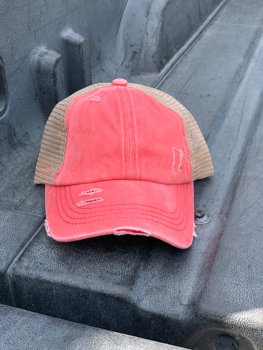 Authentic Coral CC Beanie CrissCross High Ponytail Trucker Hat Distressed Wash Denim