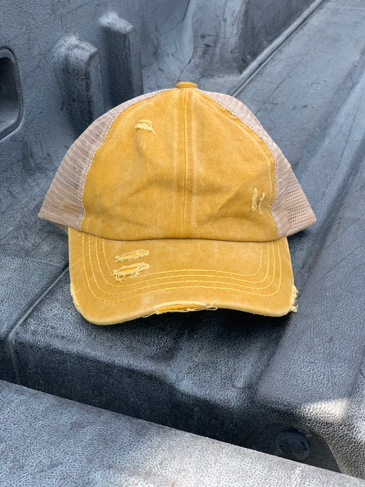 Auténtico amarillo mostaza CC Beanie CrissCross High Ponytail Trucker Hat Lavado desgastado Denim
