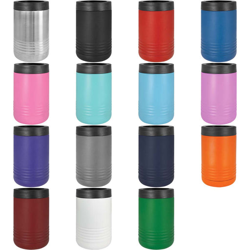 Powder coated can coozies black red blue pink teal light purple gray navy blue orange maroon white green stainless steel insulated