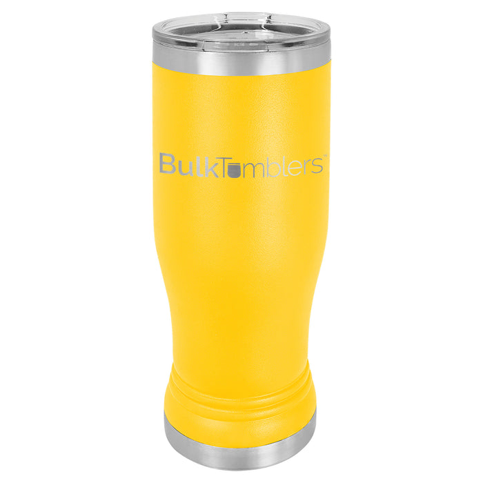 Vaso de vidrio de cerveza Pilsner personalizado promocional de 14 oz con logotipo grabado con láser en acero inoxidable aislado + tapa