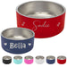 Laser engraved personalized stainless steel insulated pet dishes. 18 oz small dog or cat food dish, 32 oz medium cat or dog water bowl, and large 64 oz 8 cup food dish. Colors are black, hot pink, red, white, navy blue, seafoam tea, and white.l