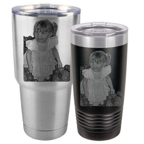 Laser engraved tumbler with photo - color printed or laser etched travel tumbler with picture. Your pic on a cup would make a sentimental Christmas gift for grandma.